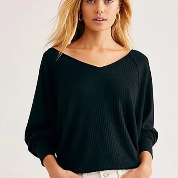 Free People Women's Santa Clara Thermal Long Sleeve Pullover Black Size S - Picture 1 of 9
